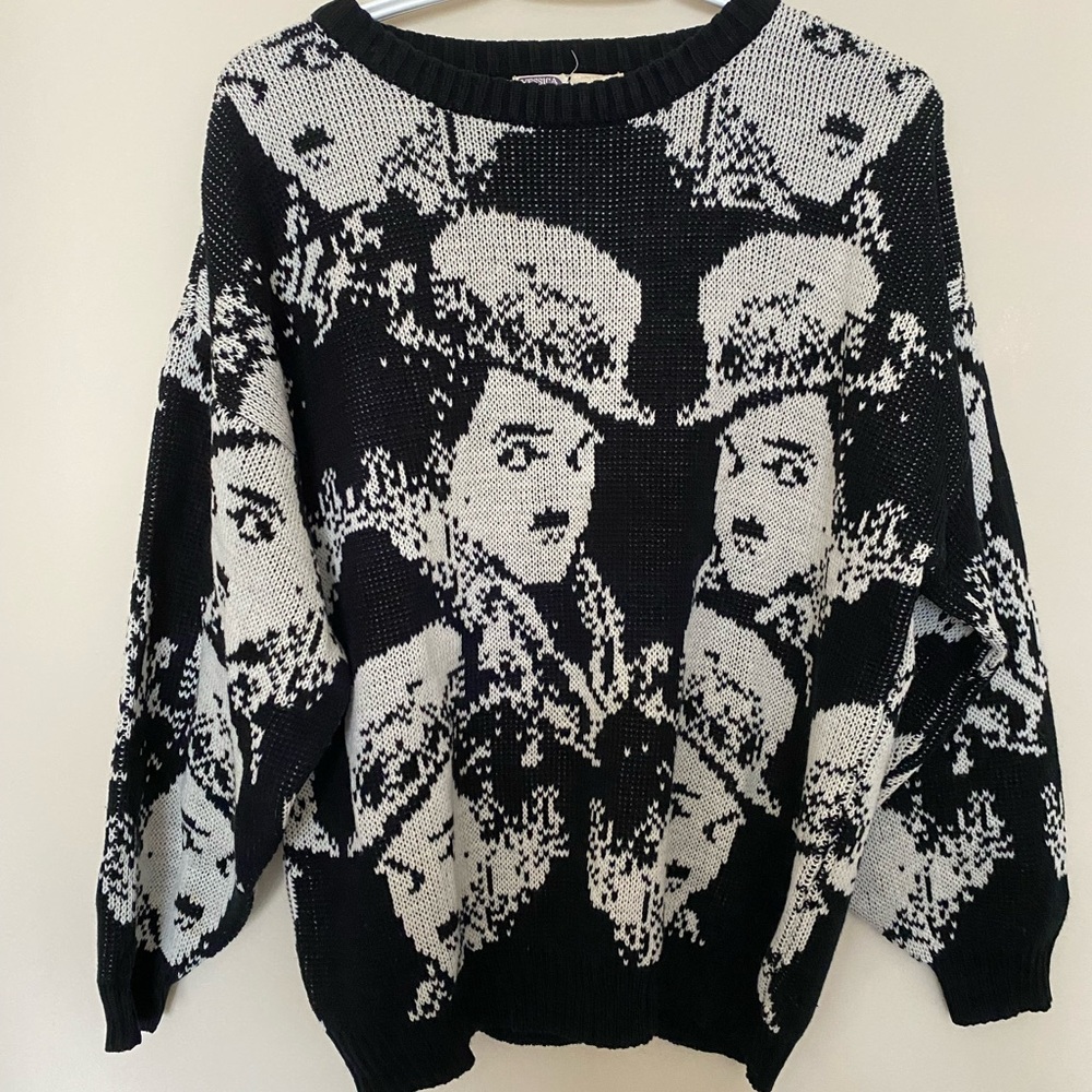 vintage face print knit sweater